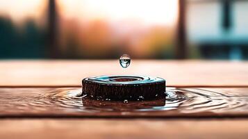 Close-up of a water droplet falling onto a wooden surface, creating ripples in the background light photo