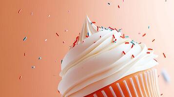 Close-up of a delicious cupcake topped with creamy frosting and colorful sprinkles against a soft orange background photo