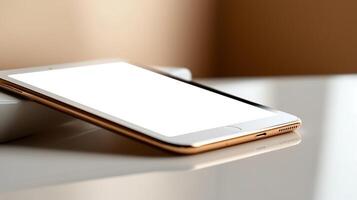 Close-up of a sleek tablet resting on a reflective surface with a soft background ambiance photo