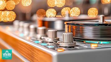 Close-up of a vintage audio mixer with glowing lights and blurred bokeh background photo