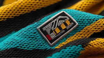 Close-up of a textured fabric with a colorful logo, showcasing intricate weaving patterns photo