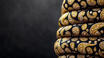 Close-up of intricately patterned fabric rolls stacked against a dark background, showcasing texture photo
