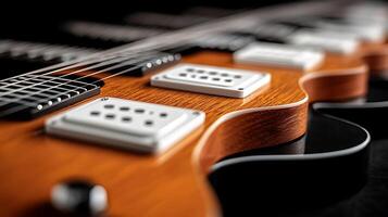 Close-up of an electric guitar showcasing its detailed body, pickups, and strings against a dark backdrop photo