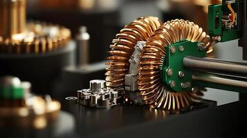 Close-up of intricate mechanical components showcasing gears and coils in a workshop setting photo