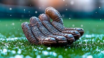 Close-up of goalkeeper gloves resting on a snowy soccer field during a match at dusk photo