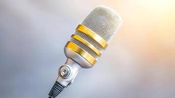 Close-up of a vintage microphone with golden accents, softly illuminated in a blurred background photo