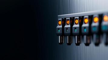 Close-up of illuminated control panel with orange indicators against a dark background photo