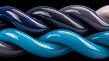 Close-up of intertwined glossy ropes in varying shades of blue and gray against a black background photo