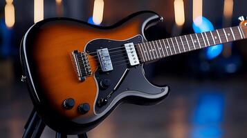 Close-up of a stylish electric guitar on a stand, with a blurred background of soft lights photo