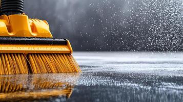 Close-up of a yellow broom sweeping water droplets on a shiny floor in a misty environment photo