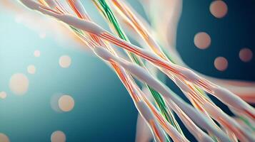 Close-up of intertwined colorful fibers against a soft-focus background with bokeh effects photo