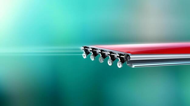 Close-up of a sleek red object with wheels, set against a blurred teal background, suggesting speed photo