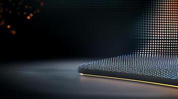 Close-up of a sleek, illuminated surface with a gradient of colorful dots against a dark background photo