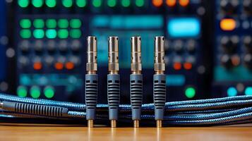 Close-up of audio connectors and cables on a wooden surface with a blurred soundboard in the background photo