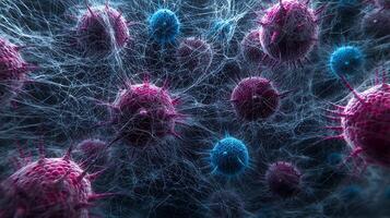 Close-up of colorful microscopic viruses surrounded by intricate web-like structures in dark background photo