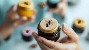 Close-up of hands holding jars with bee-themed lids, showcasing a honey product display photo