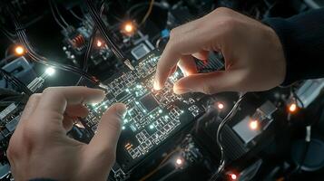 Close-up of hands assembling a circuit board with illuminated components in a tech workshop photo
