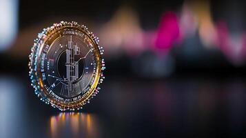 Close-up of a shiny cryptocurrency coin on a reflective surface with blurred financial charts in background photo