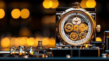 Close-up of an intricate vintage watch showcasing gears and mechanisms against a blurred background photo