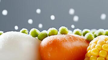 Close-up of colorful frozen vegetables with snow-like frost against a blurred background photo