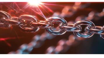 Close-up of shiny metallic chain links with vibrant lighting effects in a blurred background photo