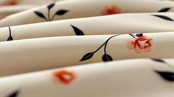 Close-up view of elegant floral patterned fabric draped in soft folds, showcasing intricate details photo