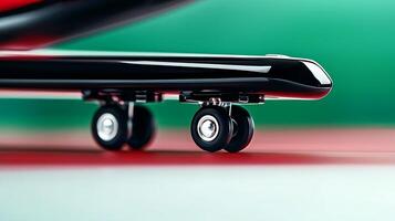 Close-up view of skateboard wheels on a vibrant red and green background with smooth surface photo