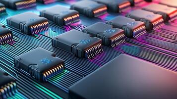 Close-up view of a vibrant circuit board showcasing intricate microchips and glowing connections photo