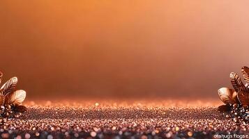 Close-up of shimmering golden particles with decorative leaves creating an elegant backdrop photo