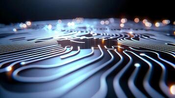 Close-up view of intricate circuit board design with glowing lines and soft bokeh lights photo