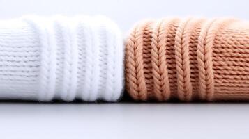 Close-up of two different knitted fabric rolls in white and peach colors on a neutral background photo