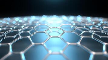 Close-up view of a hexagonal mesh structure illuminated with blue light, showcasing technology photo