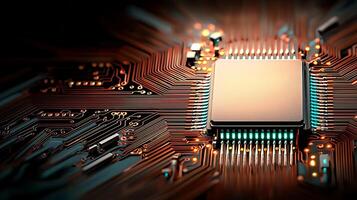 Close-up view of a microprocessor on a circuit board with intricate wiring and glowing elements photo