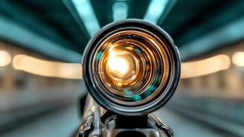 Close-up view of a camera lens capturing light in a modern urban environment photo
