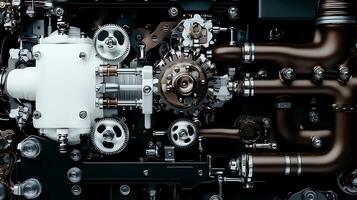 Close-up view of a complex engine component showcasing intricate gears and pipes in a dark setting photo