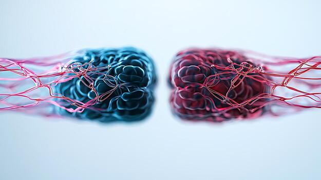 Close-up view of intertwined blue and red organic forms with intricate details, showcasing a dynamic interaction photo