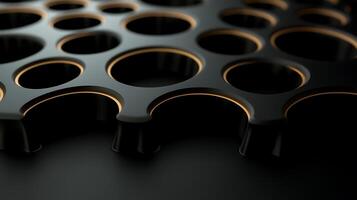 Close-up view of a textured black surface with circular cutouts and glowing edges, showcasing design photo