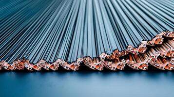 Close-up view of intricately layered metallic sheets showcasing texture and color variations photo