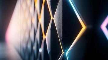 Close-up view of a futuristic wall design featuring illuminated geometric patterns in a dimly lit space photo