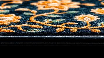 Close-up view of an intricately designed floral carpet showcasing vibrant colors and textures photo