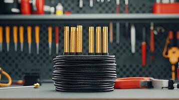 Close-up of neatly coiled black hoses with golden connectors on a workshop bench with tools photo