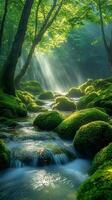 Sunbeams filtering through trees illuminating mossy rocks in pristine stream photo