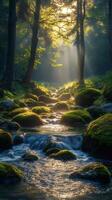 Sunbeams illuminating mossy rocks in a forest stream photo