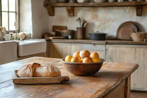 Freshly baked bread and oranges resting on a rustic wooden table in a cozy kitchen photo