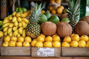 Fresh tropical fruits displayed on market stall showing coconuts, bananas and pineapples photo