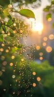 Dew drops hanging on spider web with sunlight reflecting at dawn photo