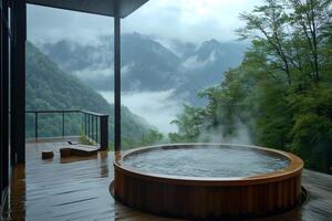 Steaming hot tub overlooking misty mountain valley in luxury resort photo