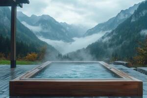 Hot tub steaming in the mountains offering breathtaking views photo