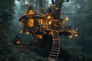 Fairytale treehouse shining in a misty forest at night photo