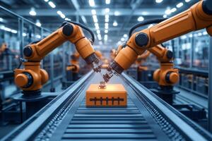Robotic arms working on assembly line in factory photo